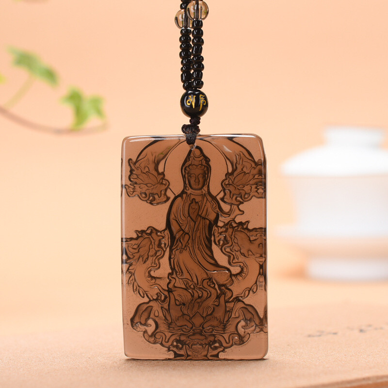 Natural Ice Obsidian Jade Pendant W/ Beads Cord Necklace Buddha Guan Yin Charm