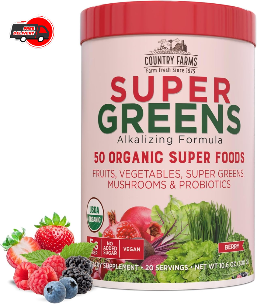 Country Farms Super Greens Organic Drink Mix 50 Superfoods 10.6 Ounce
