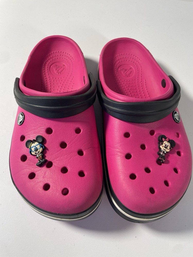 Hot Pink Crocs with Black Sole & Mickey Jibbitz Women’s Size 9