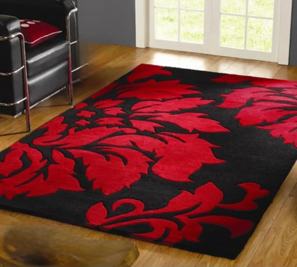 Red and Black Floral Rug, Elegant Modern Home Decor