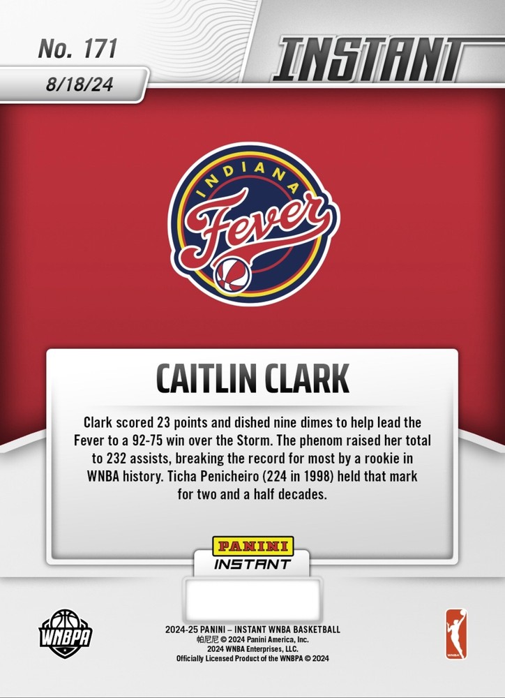 Presale CAITLIN CLARK 2024 Panini Instant GRADED GEM-MT 10 Rookie CARD #171-image