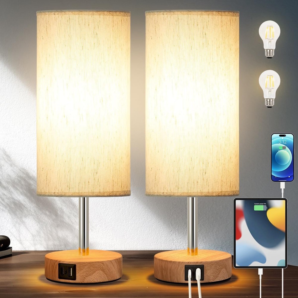 Yarra-Decor Bedside Lamp with USB A+C Charging Ports, 2-Pack