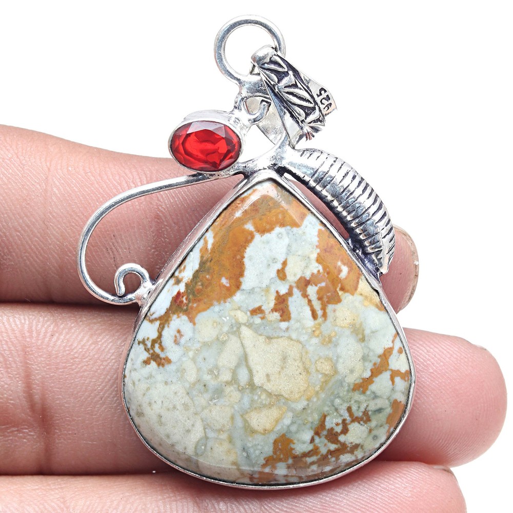 Handmade Silver Pendant with American Jasper and Garnet Gemstone 2.25 Inches  