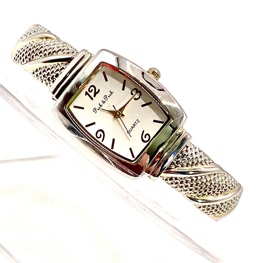 Vtg Peck & Peck Two Tone Watch Adjustable Ladies Quartz Mvmt Hinged Cuff Band J