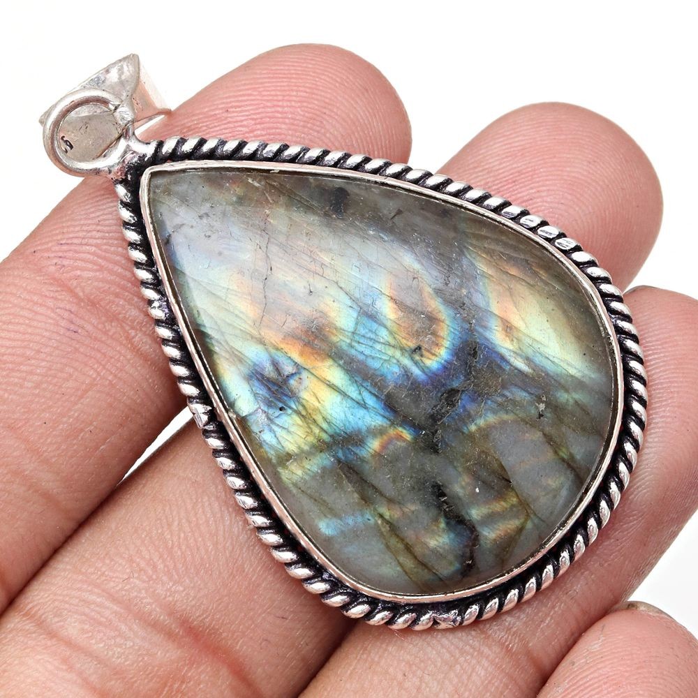 Shiny Labradorite Gemstone Pendant Silver Jewelry Gift for Mom 2.25 Inch