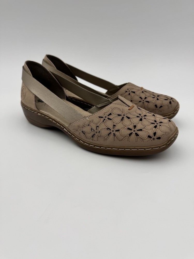 Rieker Doris Beige Leather Slip-on Shoes With a Floral Cutout Pattern Sz 39