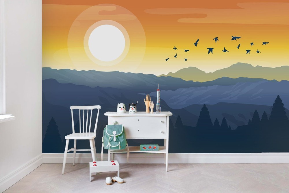 3D Mountain Birds Sunset Illustration Wall Murals Wallpaper Murals Wall Sticker