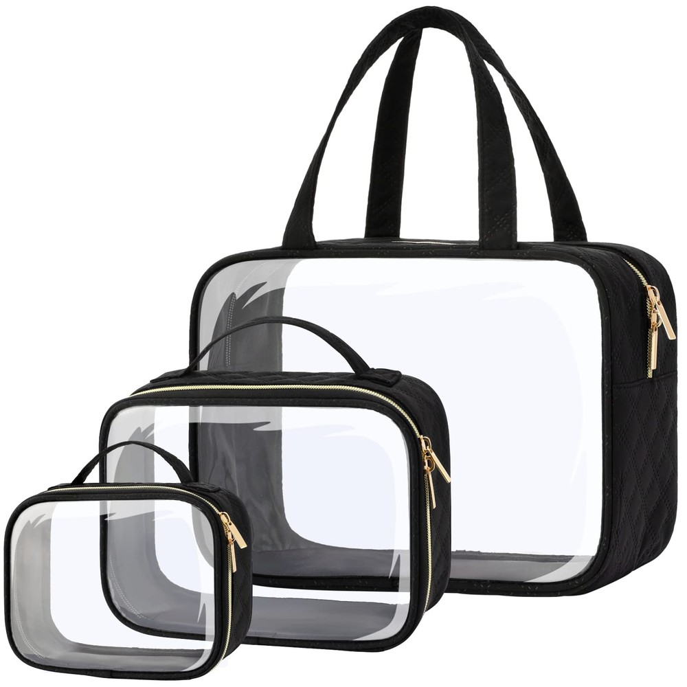 Clear 3-Pack Waterproof Makeup Bags with Handles & Wide Opening