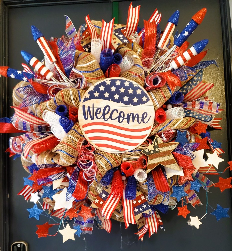 Patriotic 4th of July front door wreath for Independence Day and remembrance