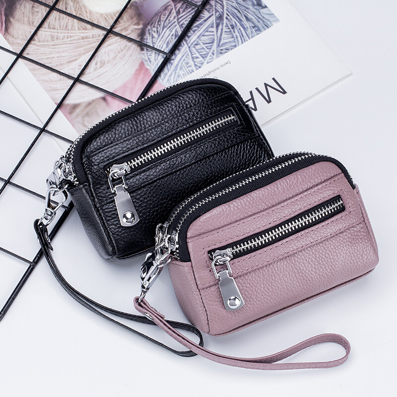 Genuine Leather Tri-Zip Wristlet Coin Purse & Card Holder Small Wallet