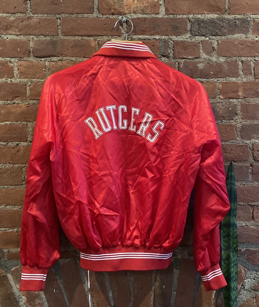 Vintage 80s Rutgers University MVP COR INC Red Satin Jacket Size Large L