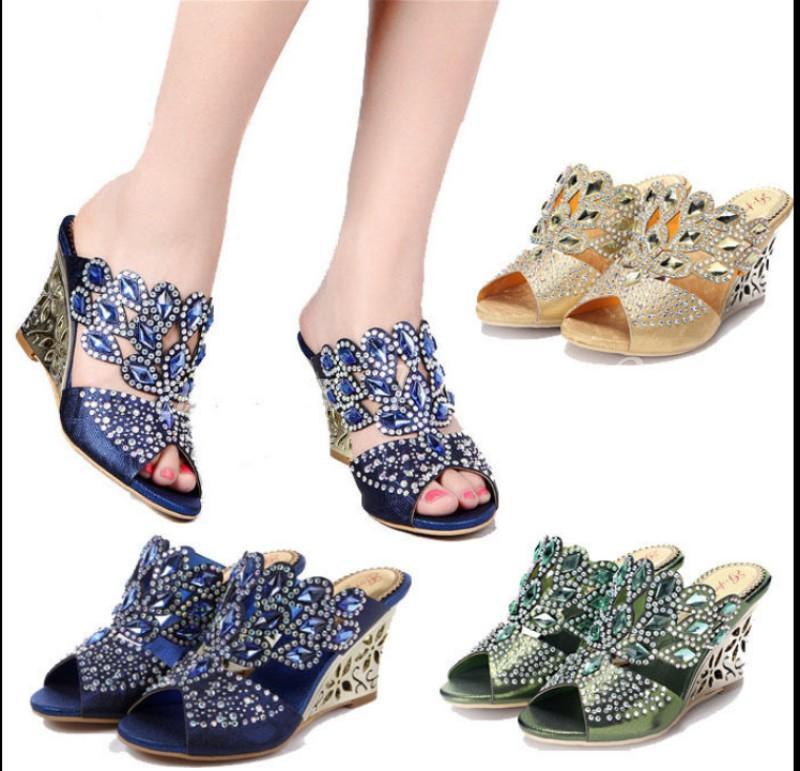 Sparkling Rhinestone High Wedge Sandals for Women Party Dress Shoes