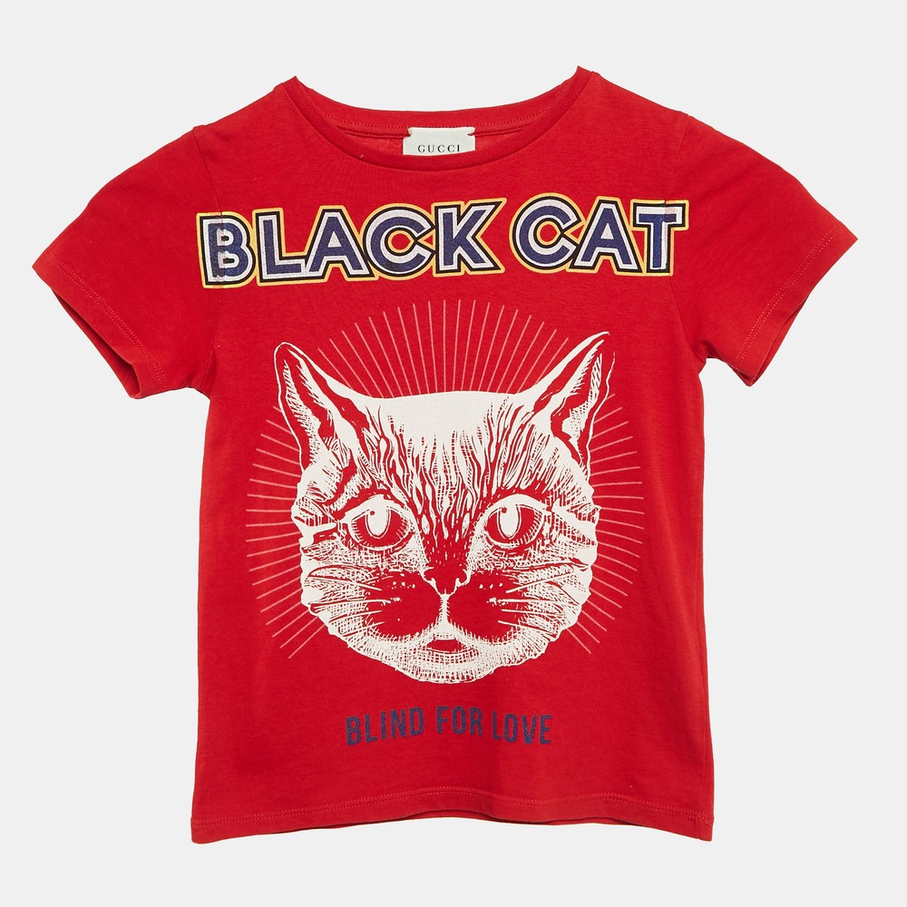 Gucci Red Cat Print Cotton T-Shirt for 4 Year Olds