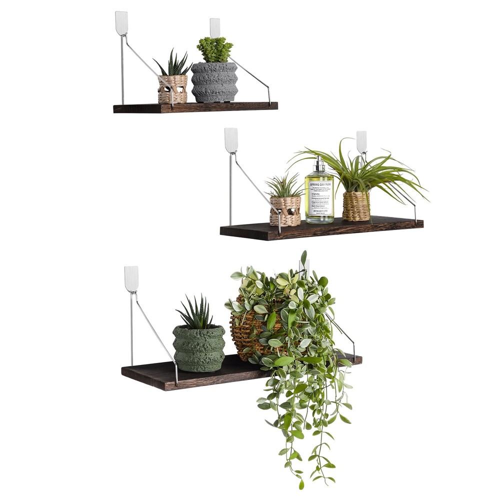 Floating Shelves Set of 3 Rustic Solid Wood Floating Shelf Wall Storage Shelv...
