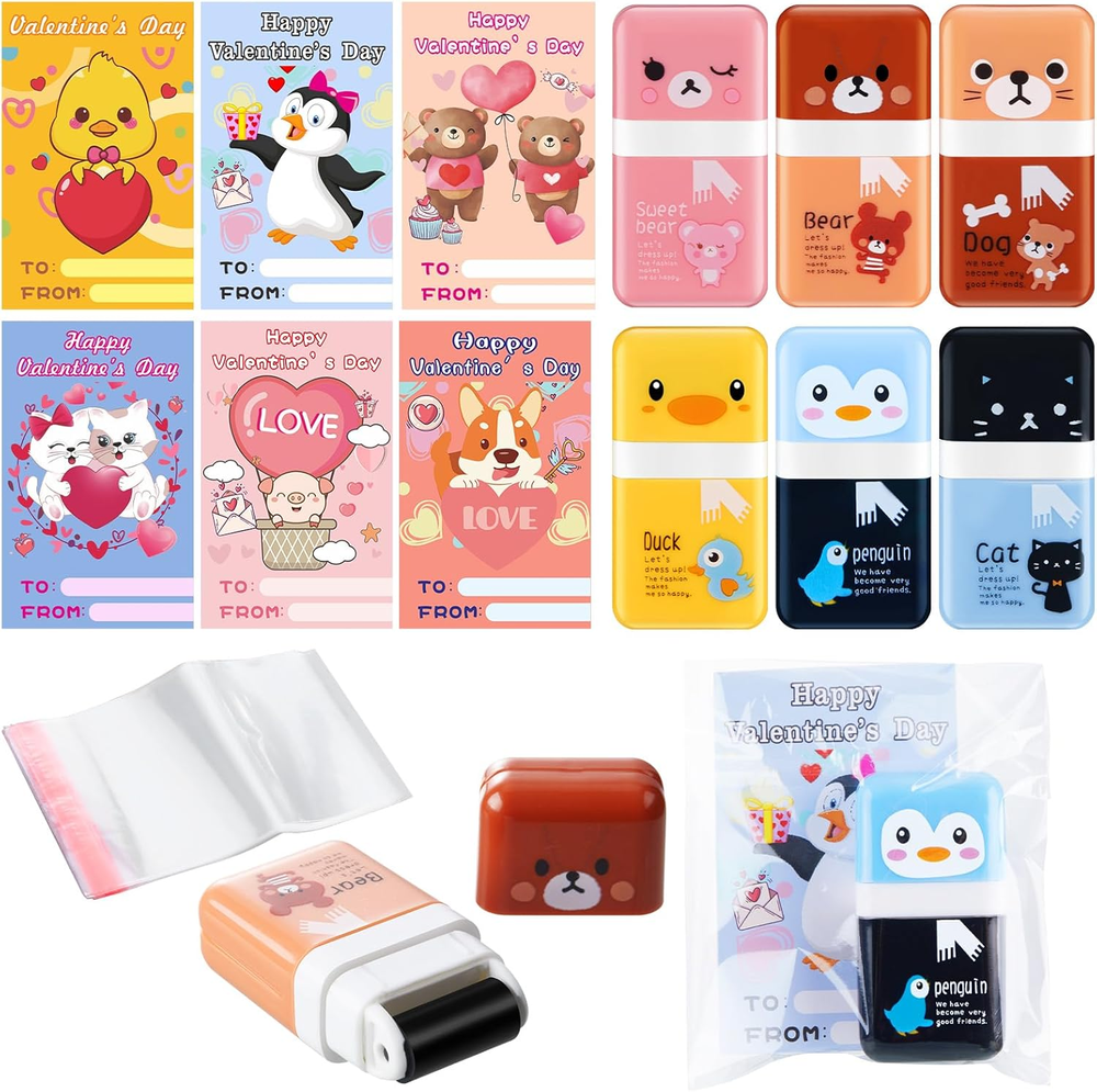 24 Pack Valentine'S Day Gifts for Kids Card and Eraser Set with Opp Bags Happy V