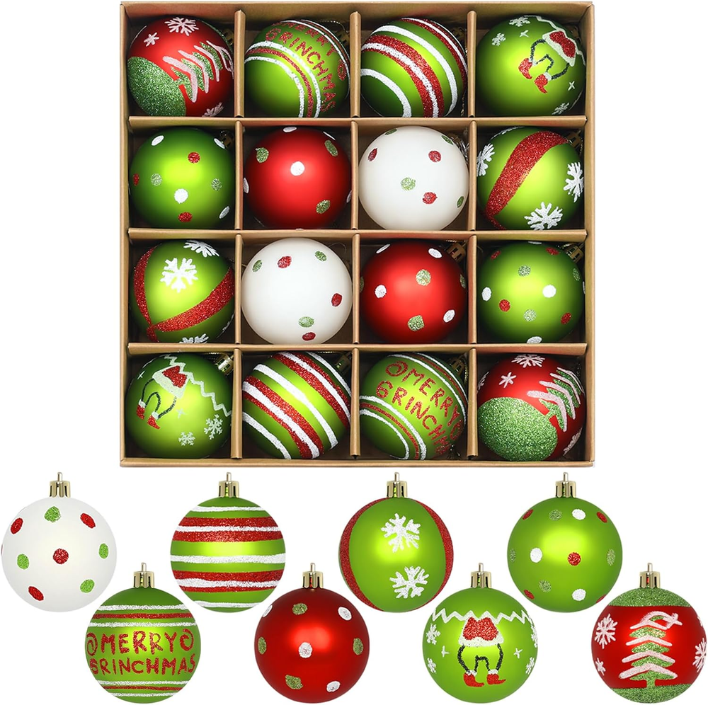 Set of 16 Christmas Tree Ornaments Decorations Balls 2.36'', Red and Green Glitt