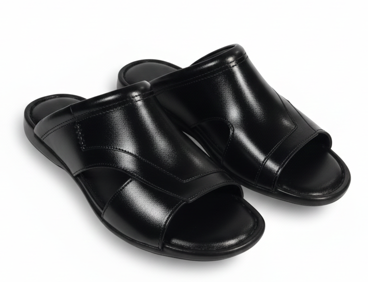 Men's Handmade Black Leather Slip-On Comfortable PU Sandals-Slides For Men