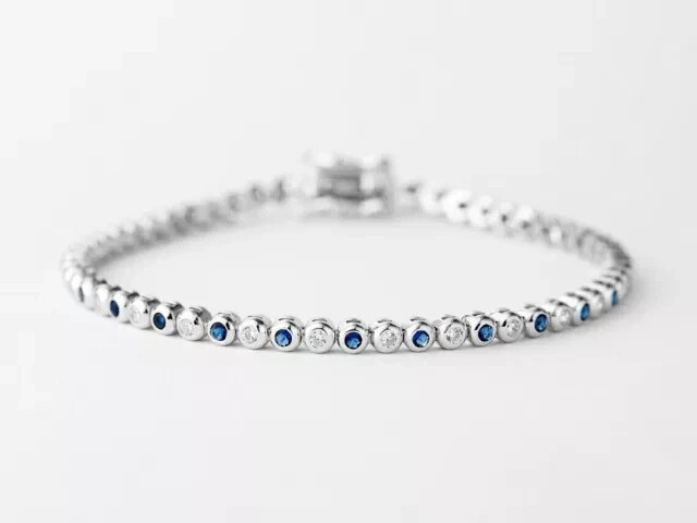 Blue Sapphire & Round Diamond Lab Created Tennis Bracelet 14K White Gold Plated