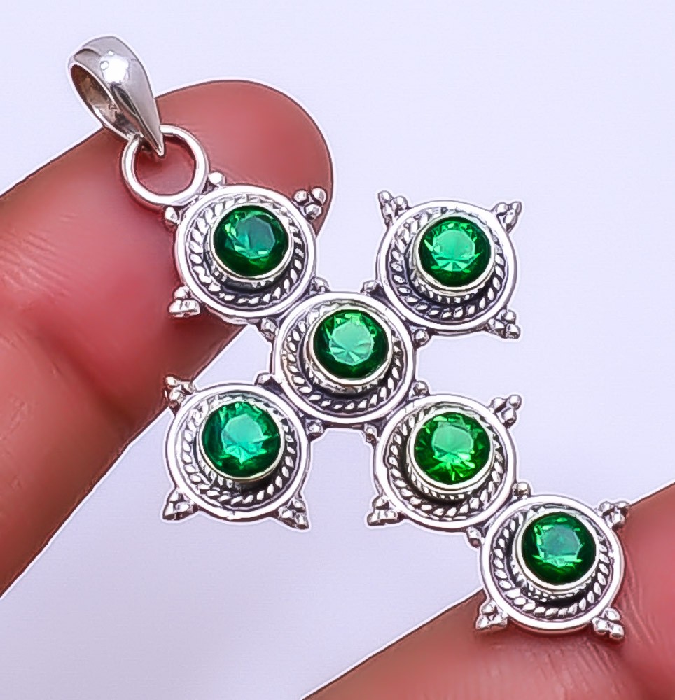 Simulated Emerald 925 Sterling Silver Holy Cross Pendant 2.11 Inch