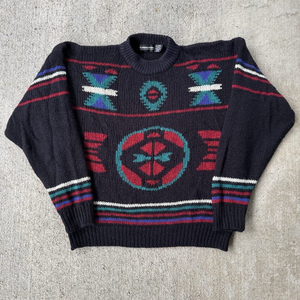 Vintage 90s Expressions Geometric Sweater Knit Grandpa Multicolor Cosby Aztec XL