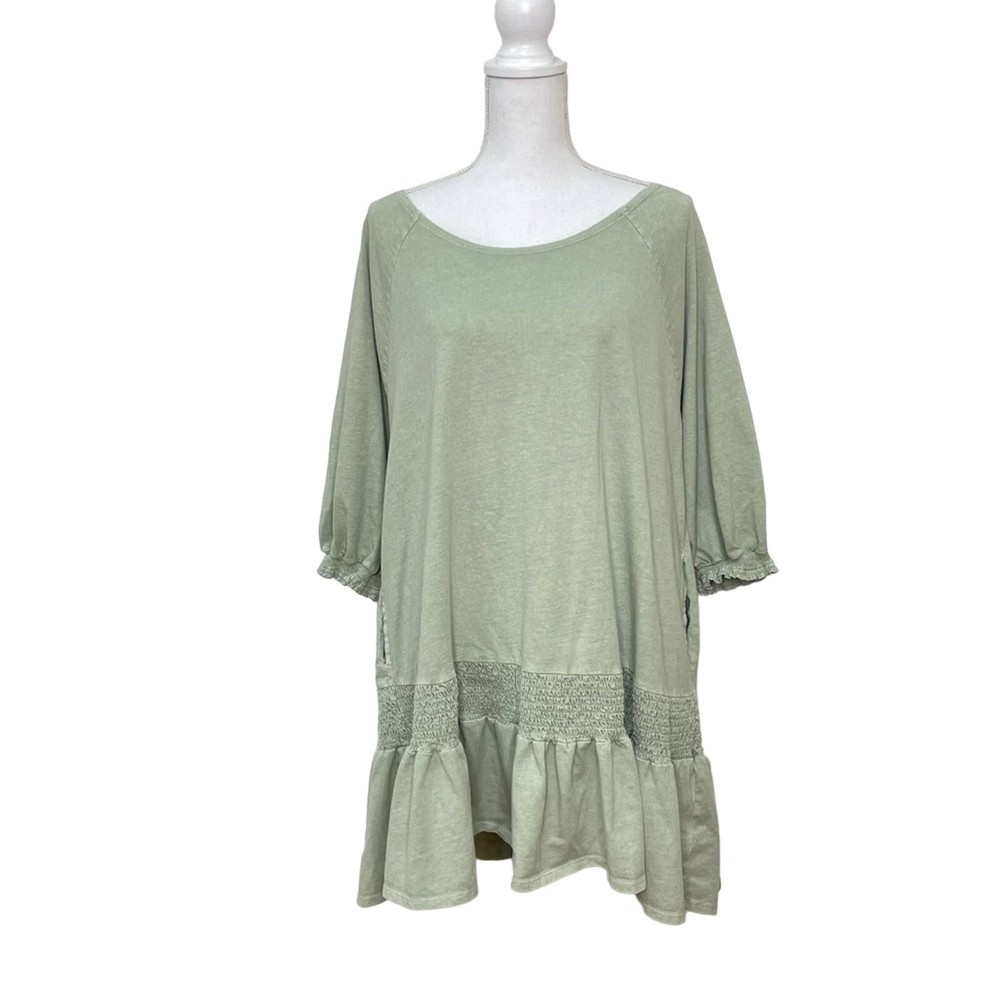 Free People BEACH Light Sage Green Open Back Smocked Oversized Mini Dress Size S