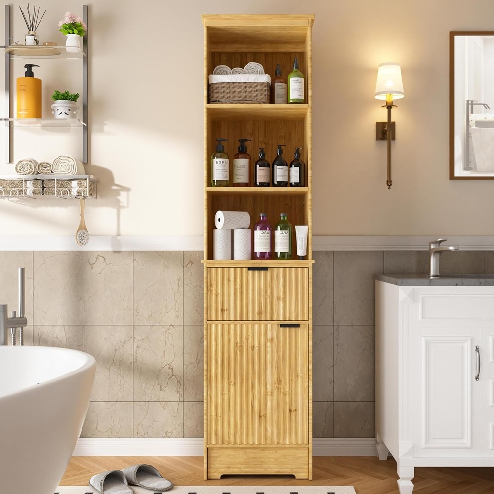 68 Inch Tall Bamboo Freestanding Storage Cabinet with Narrow Design for Organized Spaces