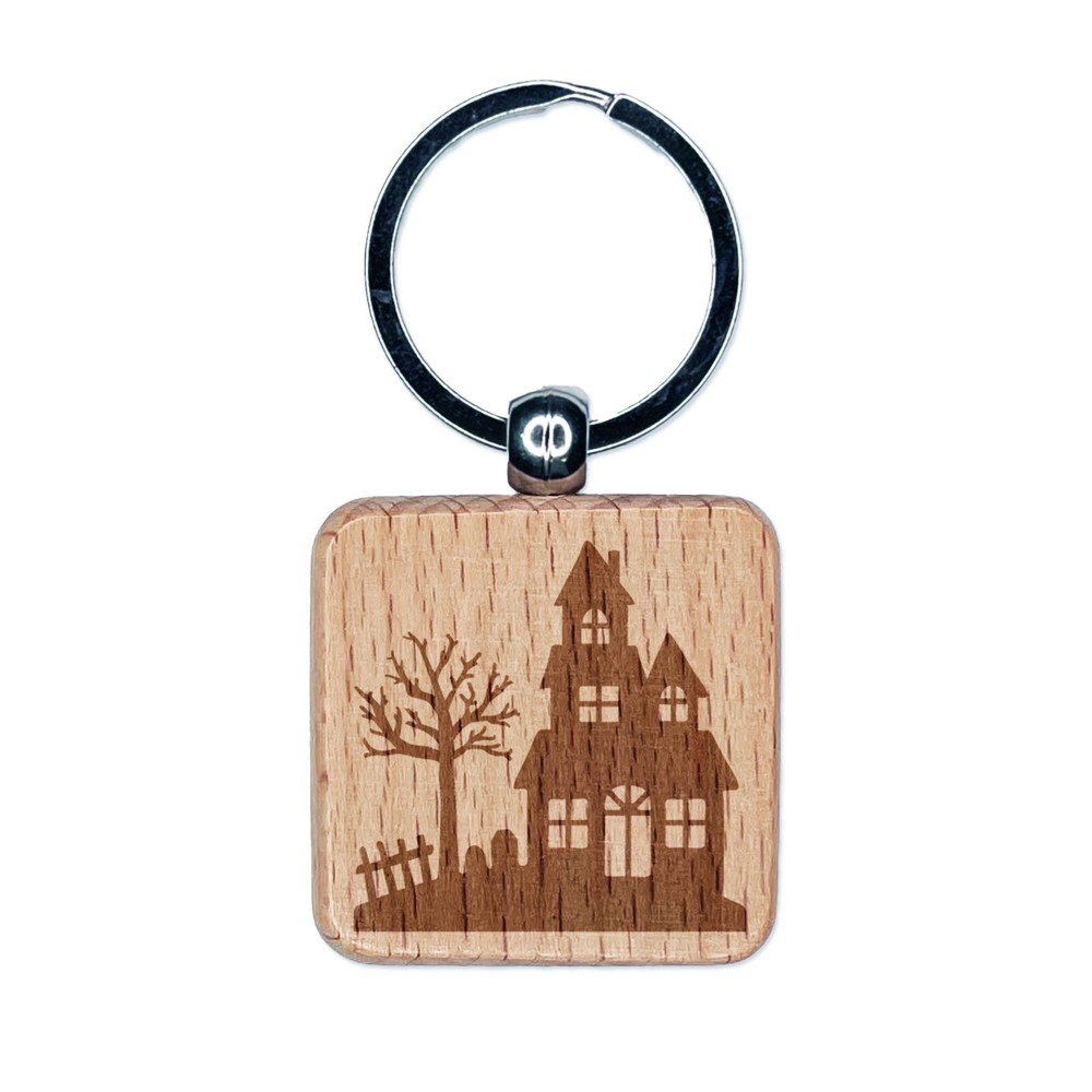 Haunted House Halloween Engraved Wood Square Keychain Tag Charm