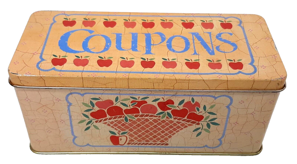 Autumn Apples Coupon Tin Box Vintage Yellow Metal Container & Labeled Dividers-image