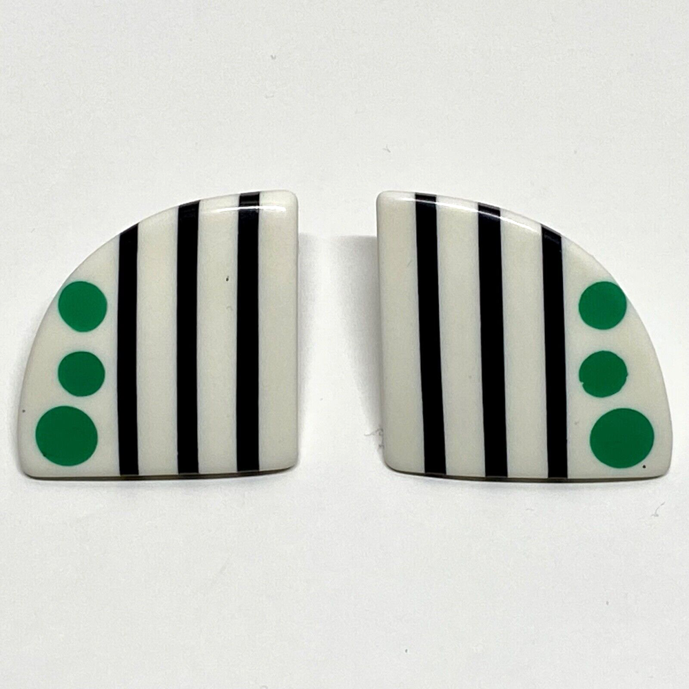 Retro Earrings Triangular White Blk Stripe Green Polka Dot Silver Tone Studs VTG