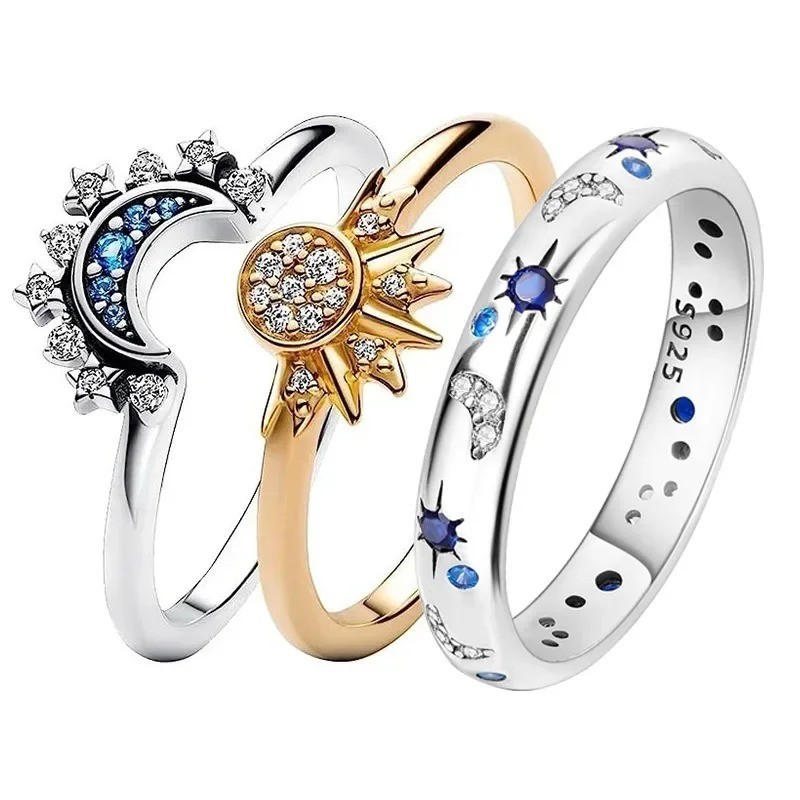 Celestial Blue Moon Sun Star Crystal Ring for Women | Elegant Stackable Jewelry