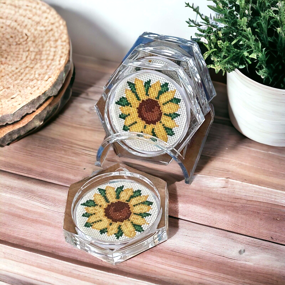 Handmade Cross Stitched Sunflower Cross Stitch Coasters - Set of 4 with Holder