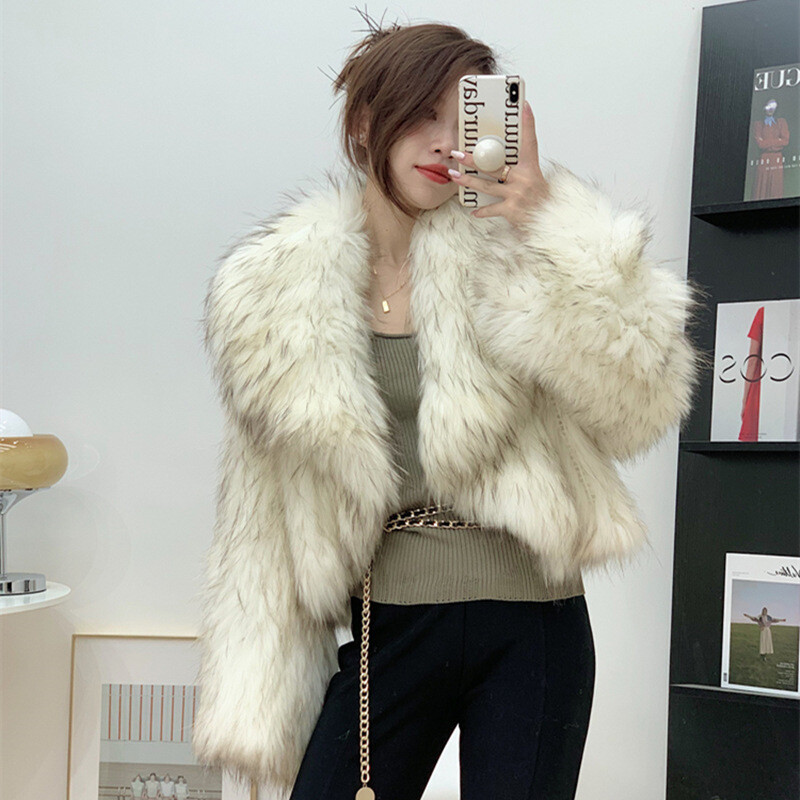 Luxury Vegan Raccoon Fur Collar Womens Short Warm Jacket Coat