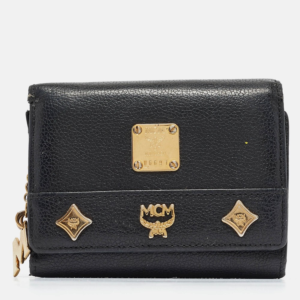 MCM Black Leather Studded Trifold Wallet Compact Stylish Design