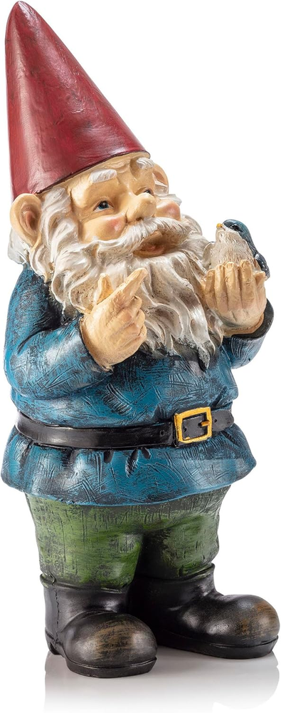 12-Inch Colorful Outdoor Garden Gnome with Bird Statue Decor