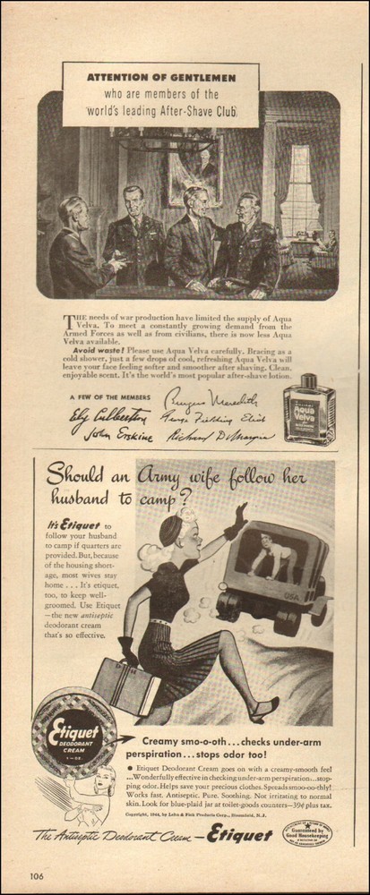 1943 Vintage ad for Eiquet deodorant cream.Aqua Velva art cartoon  02/13/22