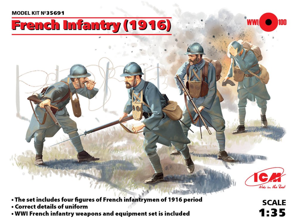 Scale model kit 1/35 ICM 35691 French Infantry 1916 WWI, 4 figures Plastic Model
