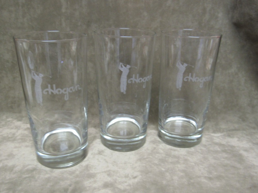 Vintage Ben Hogan golf Clear Glass Satin Etched Tall Tumbler Lot of 3 Pieces