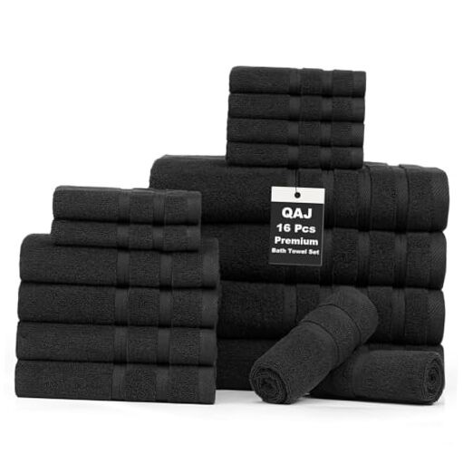 16-Piece Premium Cotton Bath Towel Set - Ultra Soft & Absorbent - 18-Piece Black Luxury Set