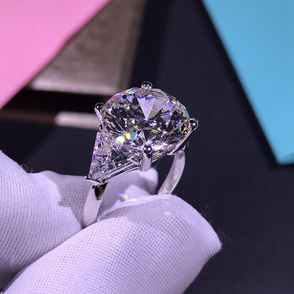 6 Carat Round Moissanite Three Stone Ring in 14K Gold K-M Faint Color