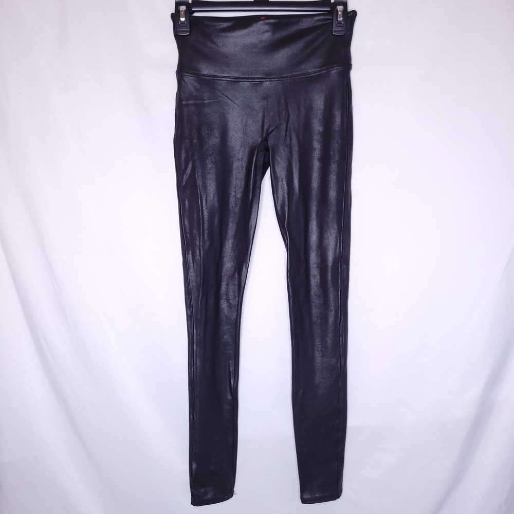 Spanx Faux Leather Leggings Small Black Shaping Waist Shiny
