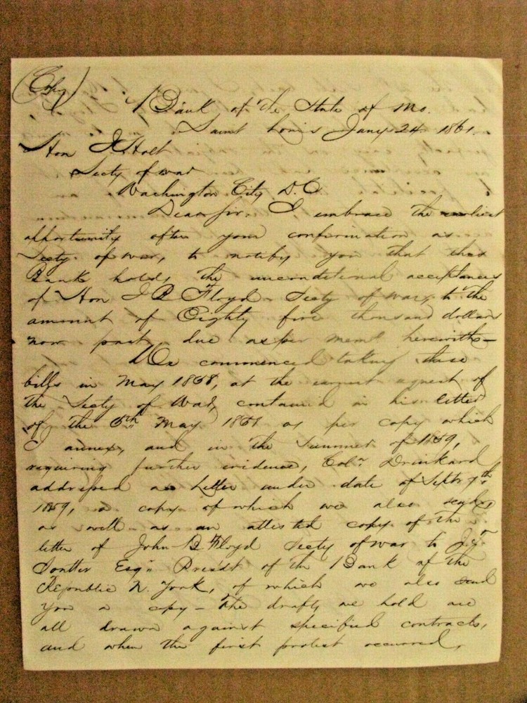 CIVIL WAR CSA GENERAL JOHN B FLOYD  CONTRACTS SCANDAL LETTER 1861