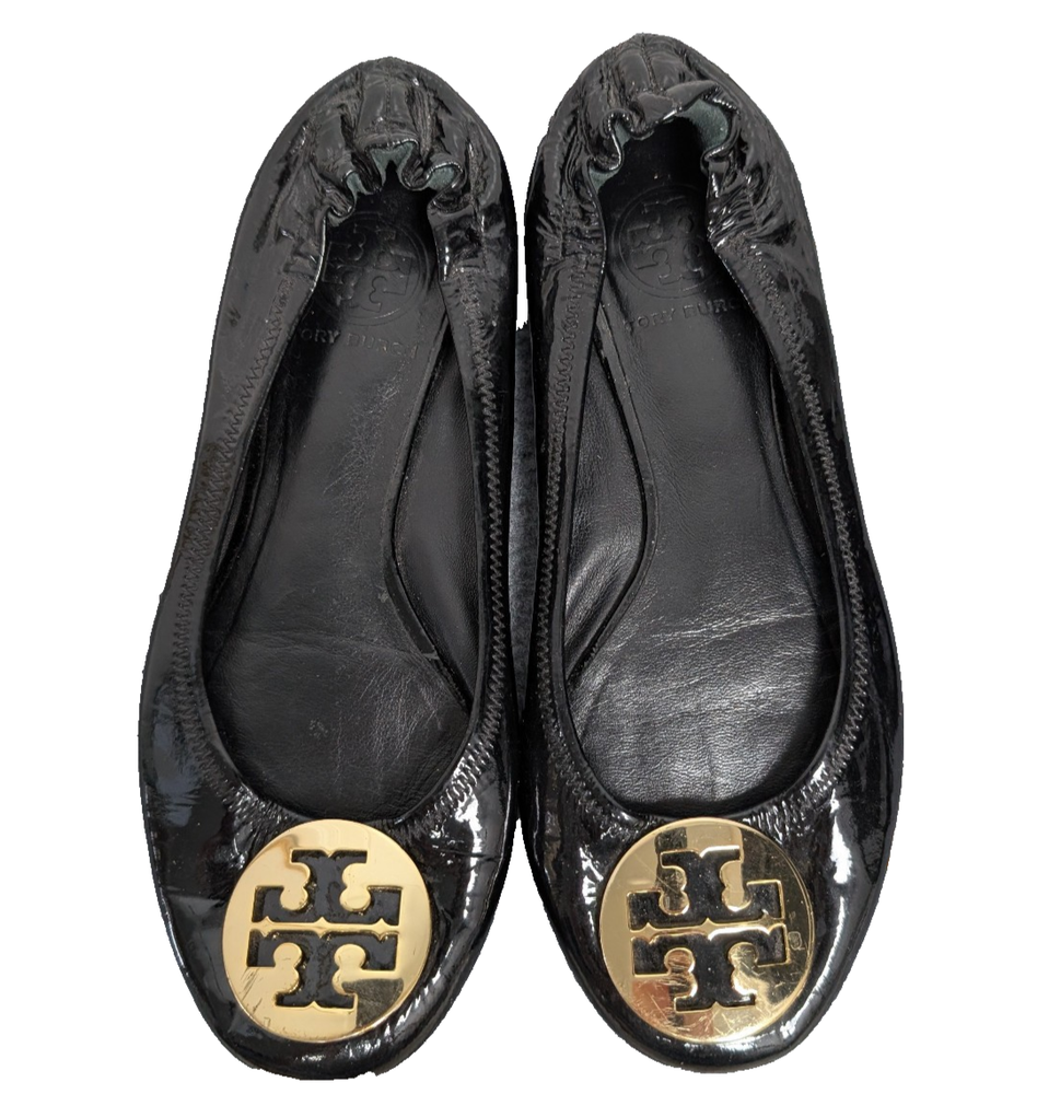 Tory Burch Reva Ballet Flats Womens 8 Patent Leather Gold Logo Quiet Luxury