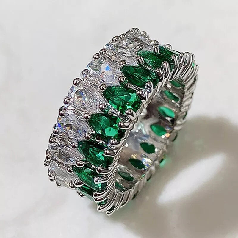 4-Stone Pear Simulated Emerald 14k White Gold Plated Womens Eternity Wedding Band