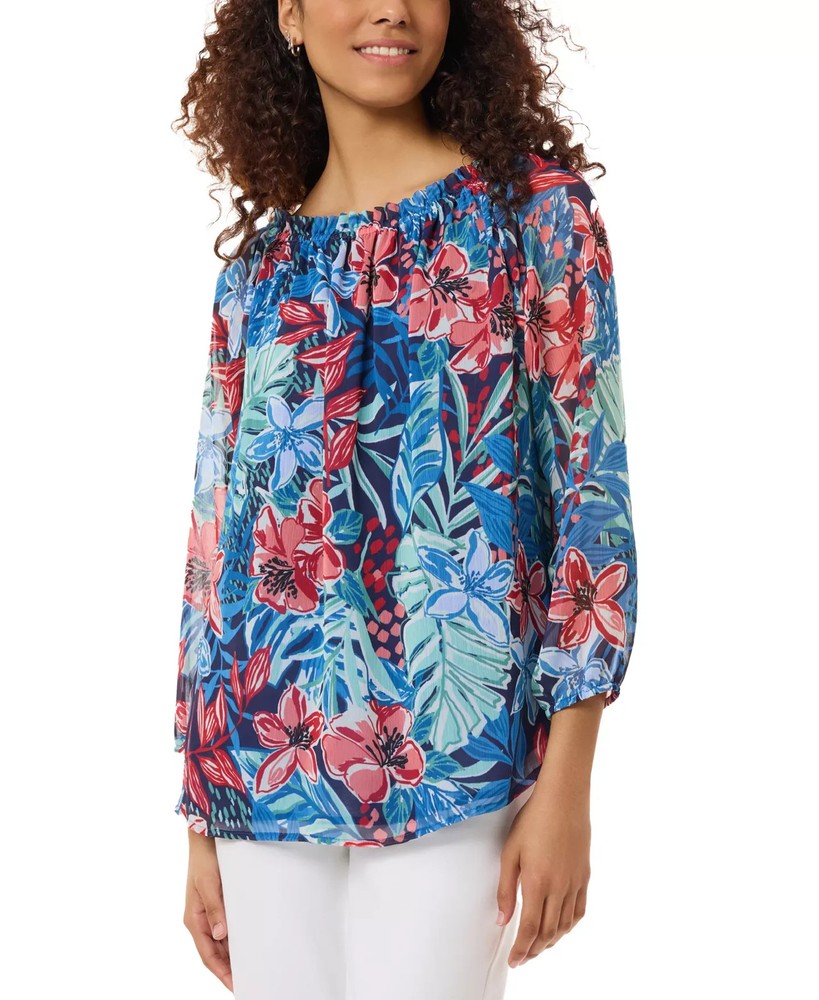 Jones New York Women's Top Petite PXL Smocked-Neck Floral-Print