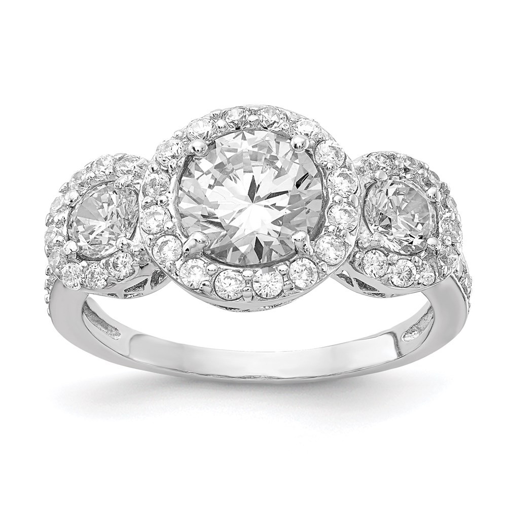 925 Sterling Silver Rhodium-plated Cubic Zirconia Three Stone Halo Ring Size 6