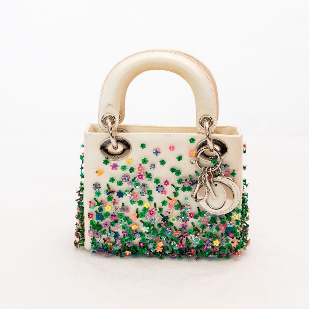 Dior White Satin Mini Lady Dior w Beaded Detail