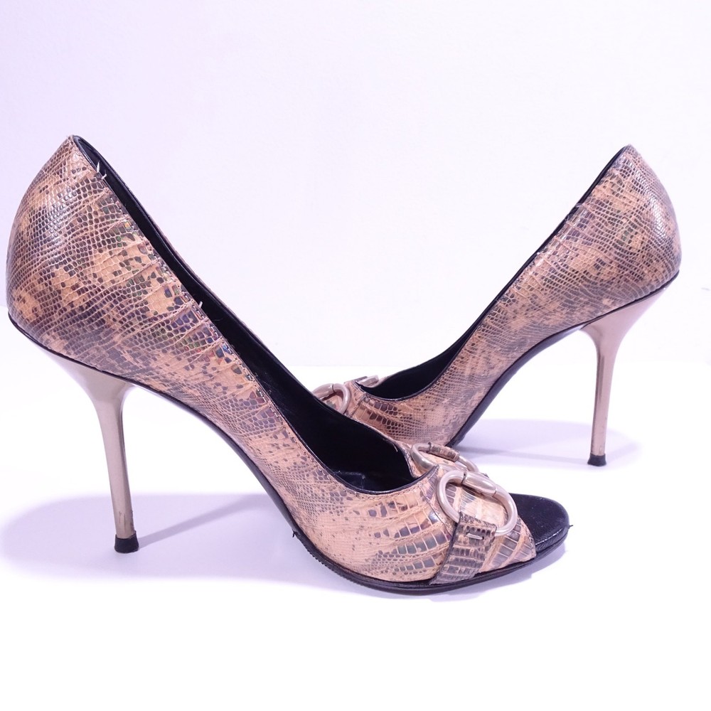 GUCCI Womens Gold Horsebit High Heel Pumps in Faux Crocodile Leather Size 7