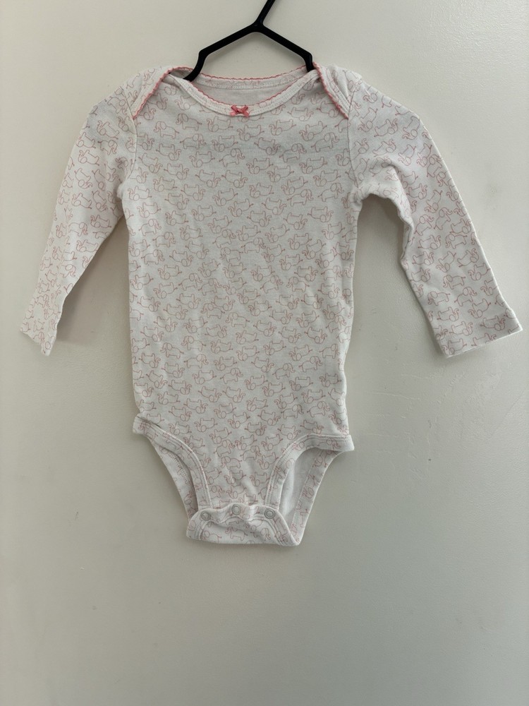 Carter's Baby Girl Cute Pink Elephant 100% Cotton Long Sleeve Bodysuit White 12M