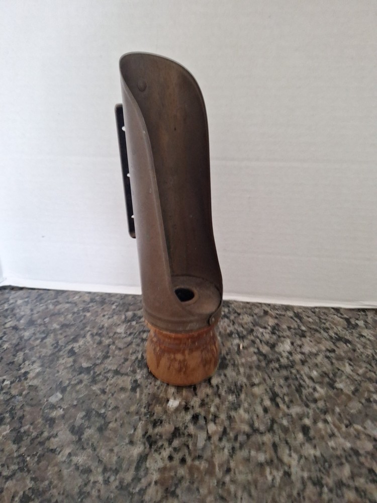 Vintage Copper Chamber Candle Holder with Wood Base and Handle 10.5 Inch