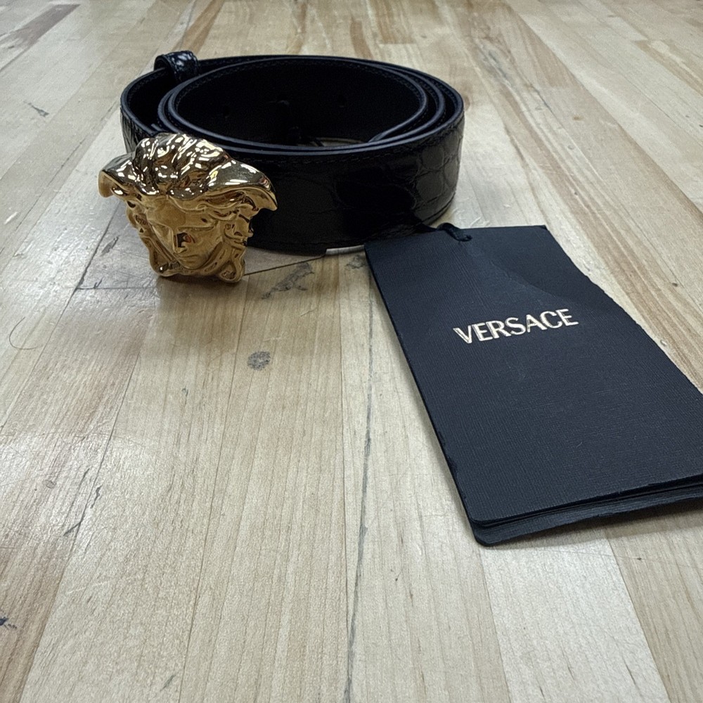 Authentic Versace Men's Belt Gold  Medusa Head Black Calfskin Leather 1.2